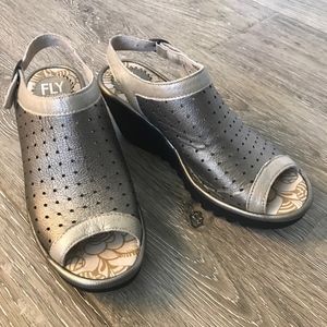 FLY LONDON Silver Wedge Slingback Sandals